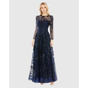 Mac Duggal Size 6 Navy Embroidered Illusion High Neck A-line Gown Dress New